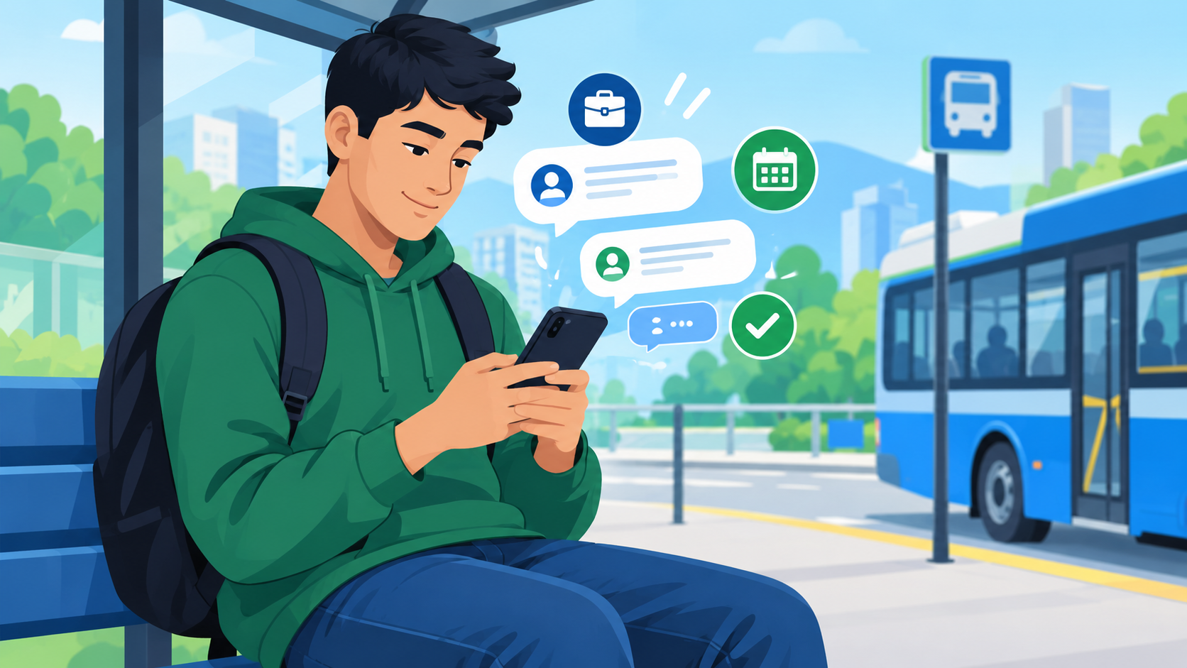 Joven conectado en la parada de autobús